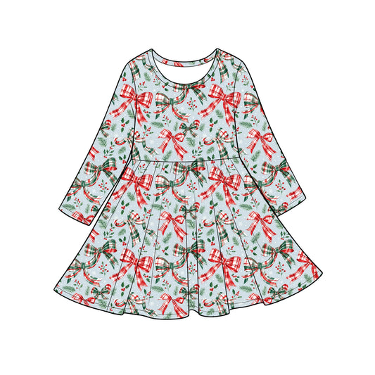 preorder GLD1709 Christmas Green Red Bows Long Sleeve Girls Dress