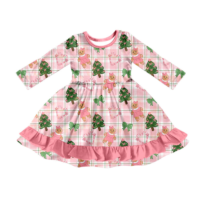 preorder GLD1714 Christmas Gingerbread Man Pink Long Sleeve Girls Dress