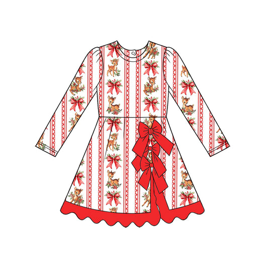 preorder GLD1716 Yoga Christmas Bows Deer Red Long Sleeve Girls Dress