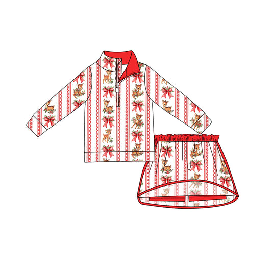preorder GLD1717 Christmas Bows Deer Red Zipper Long Sleeve Skorts Girls Set