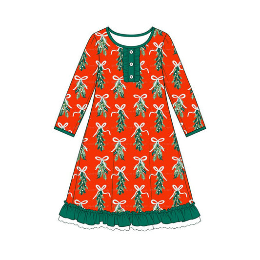 preorder GLD1718 Christmas Tree Bows Red Long Sleeve Girls Dress