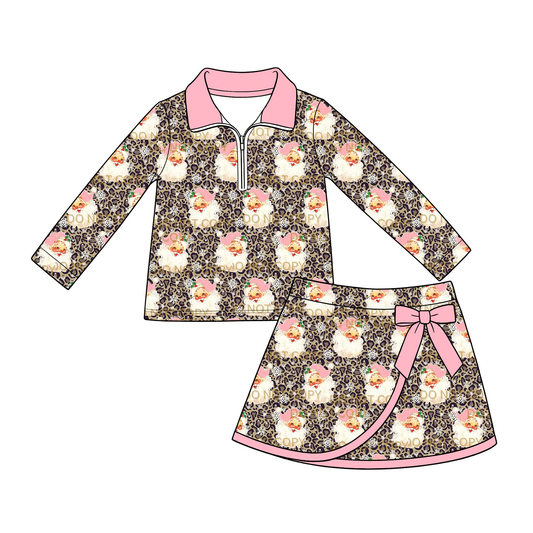 preorder GLD1722 Christmas Santa Leopard Long Sleeve Skorts Girls Set