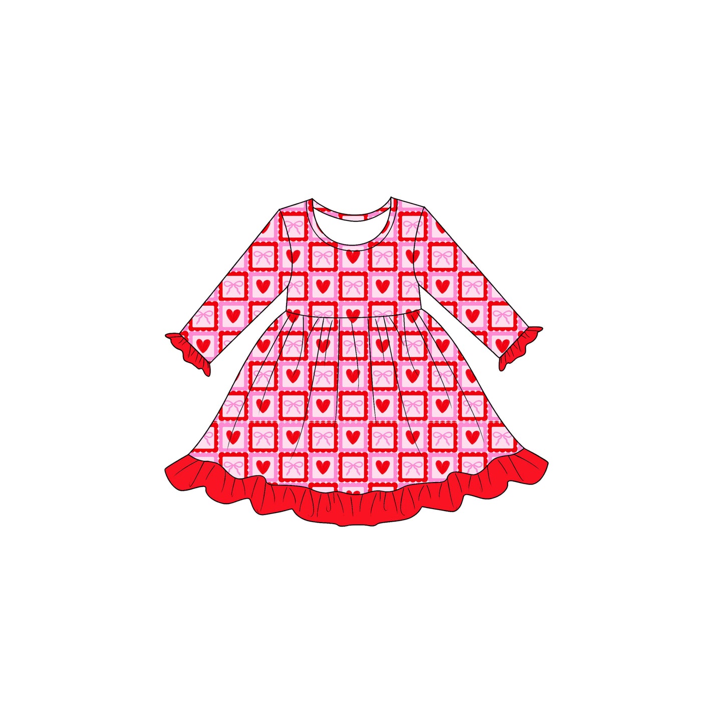 preorder GLD1726 Valentine's Day Heart Bows Long Sleeve Girls Dress
