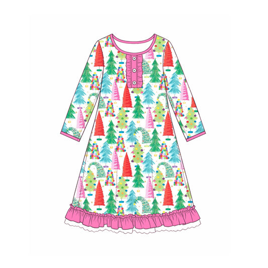 preorder GLD1727 Christmas Colorful Tree Long Sleeve Girls Dress