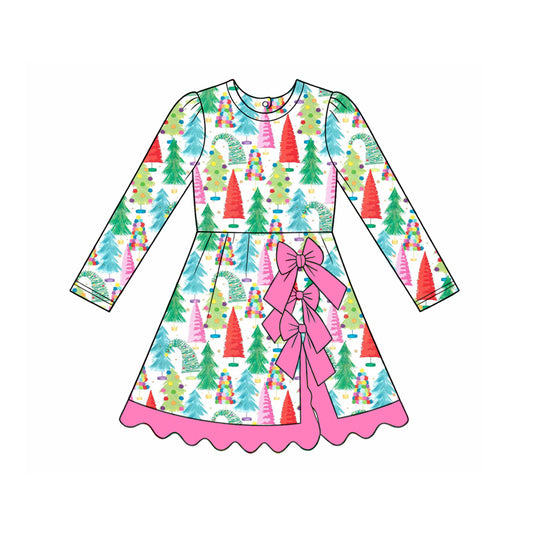 preorder GLD1728 Yoga Christmas Colorful Tree Bows Long Sleeve Girls Dress