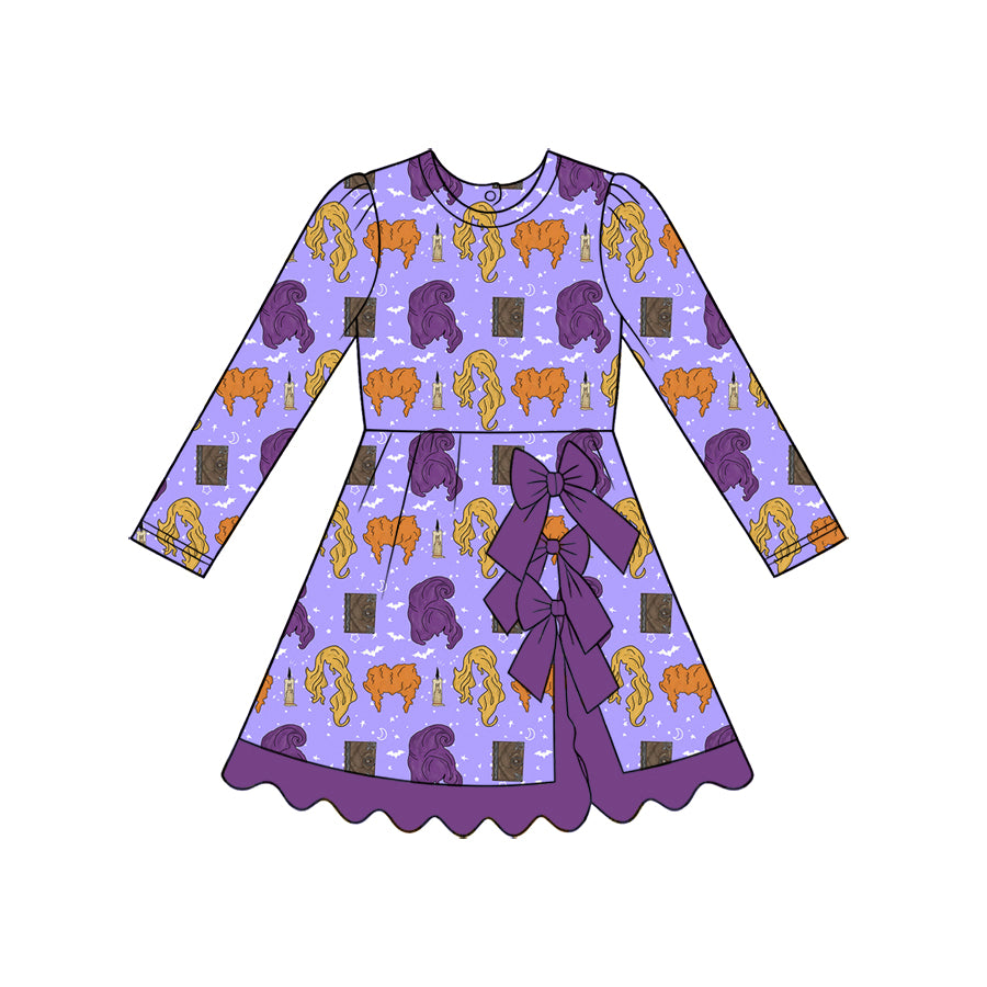 preorder GLD1730 Halloween Witch Purple Bows Long Sleeve Girls Dress