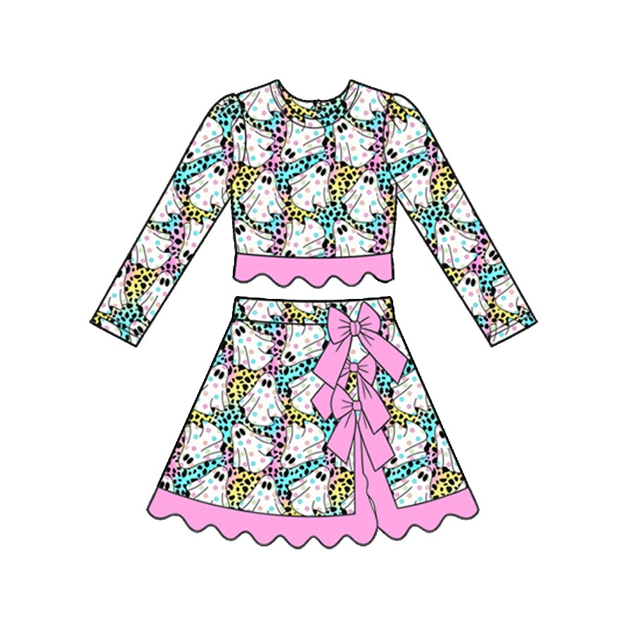 preorder GLD1731 Yoga Scallop Halloween Spook Leopard Long Sleeve Bows Skorts Girls Set