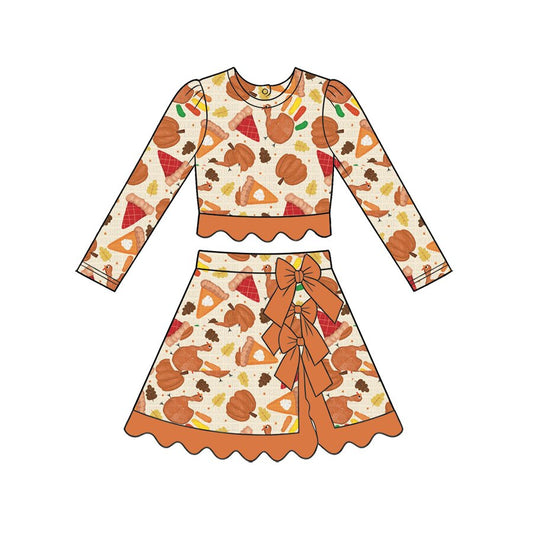 preorder GLD1732 Yoga Scallop Thanksgiving Pie Long Sleeve Bows Skorts Girls Set
