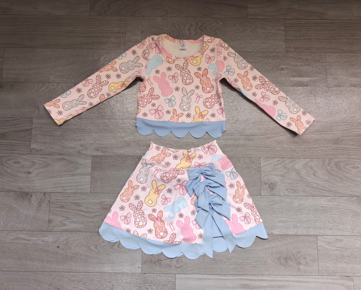 preorder Samples GLD1578 Easter Peep Flowers Blue Long Sleeve Bows Skorts Girls Set