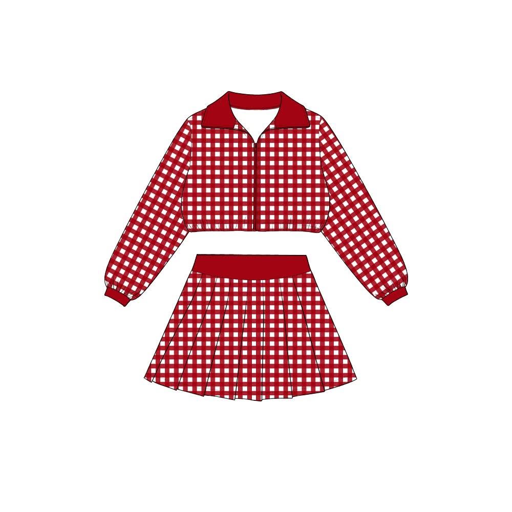 preorder GLD1741 Red Checkered Zipper Long Sleeve Skorts Girls Set