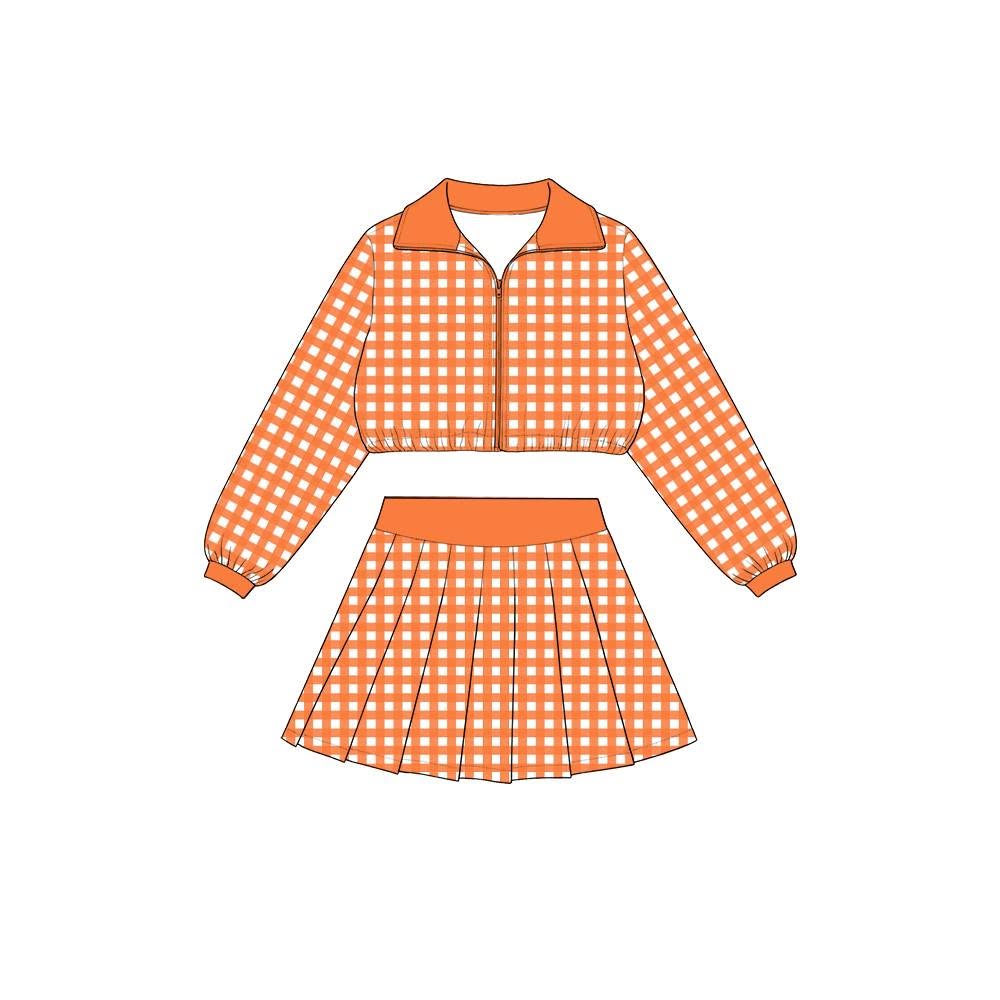 preorder GLD1742 Orange Checkered Zipper Long Sleeve Skorts Girls Set
