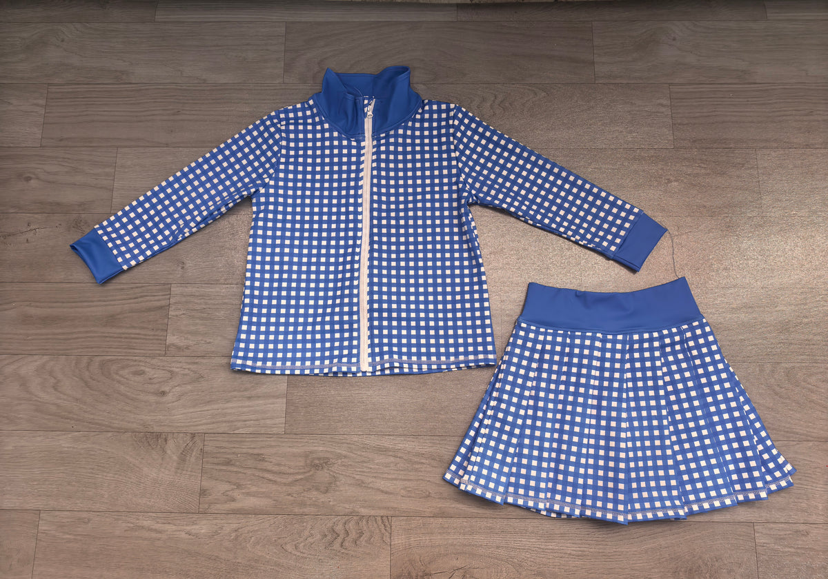 preorder Samples GLD1744 Blue Checkered Zipper Long Sleeve Skorts Girls Set