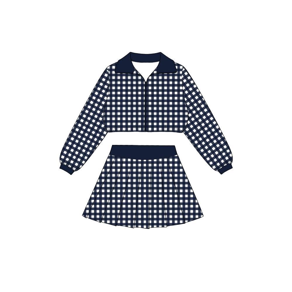 preorder GLD1745 Navy Blue Checkered Zipper Long Sleeve Skorts Girls Set