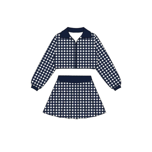 preorder GLD1745 Navy Blue Checkered Zipper Long Sleeve Skorts Girls Set