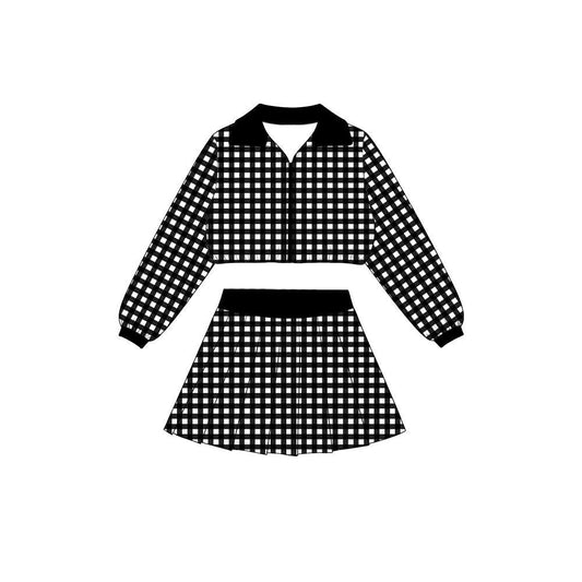 preorder GLD1746 Black Checkered Zipper Long Sleeve Skorts Girls Set