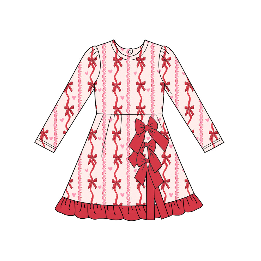 preorder GLD1749 Yoga Valentine's Red Bows Long Sleeve Girls Dress