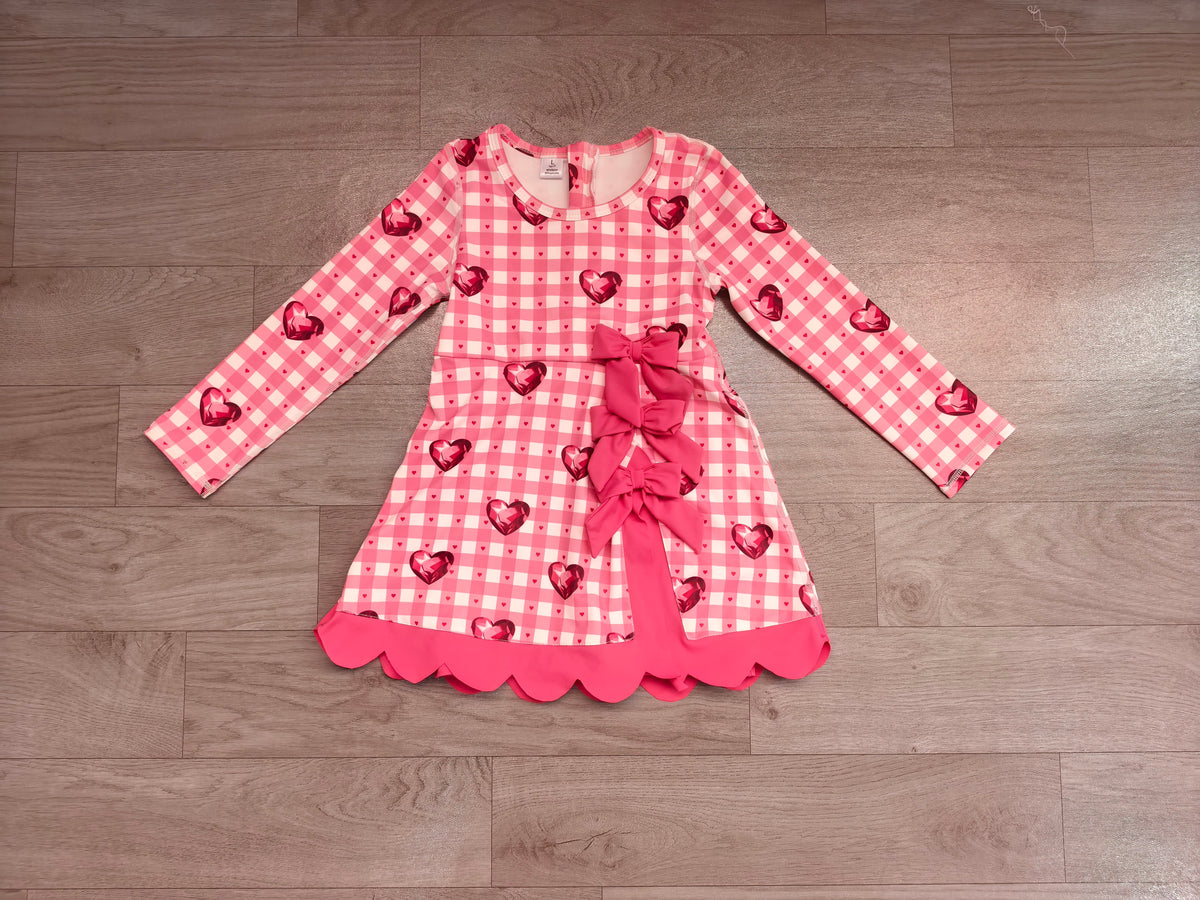 preorder Samples GLD1750 Yoga Valentine's Heart Pink Checkered Long Sleeve Girls Dress