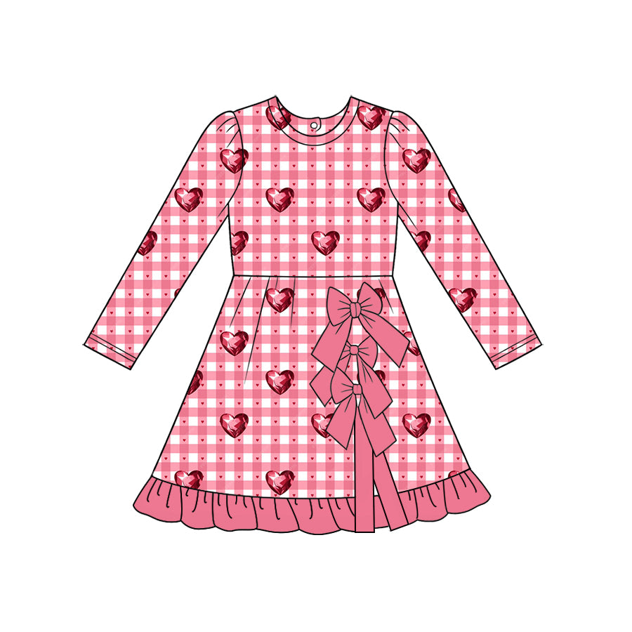preorder GLD1750 Yoga Valentine's Heart Pink Checkered Long Sleeve Girls Dress