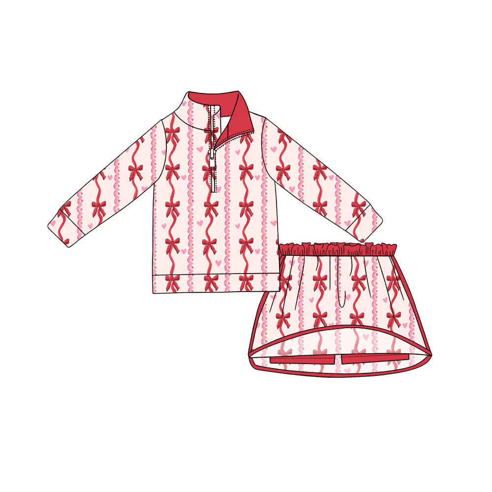 preorder GLD1751 Valentine's Day Red Bows Zipper Long Sleeve Skorts Girls Set