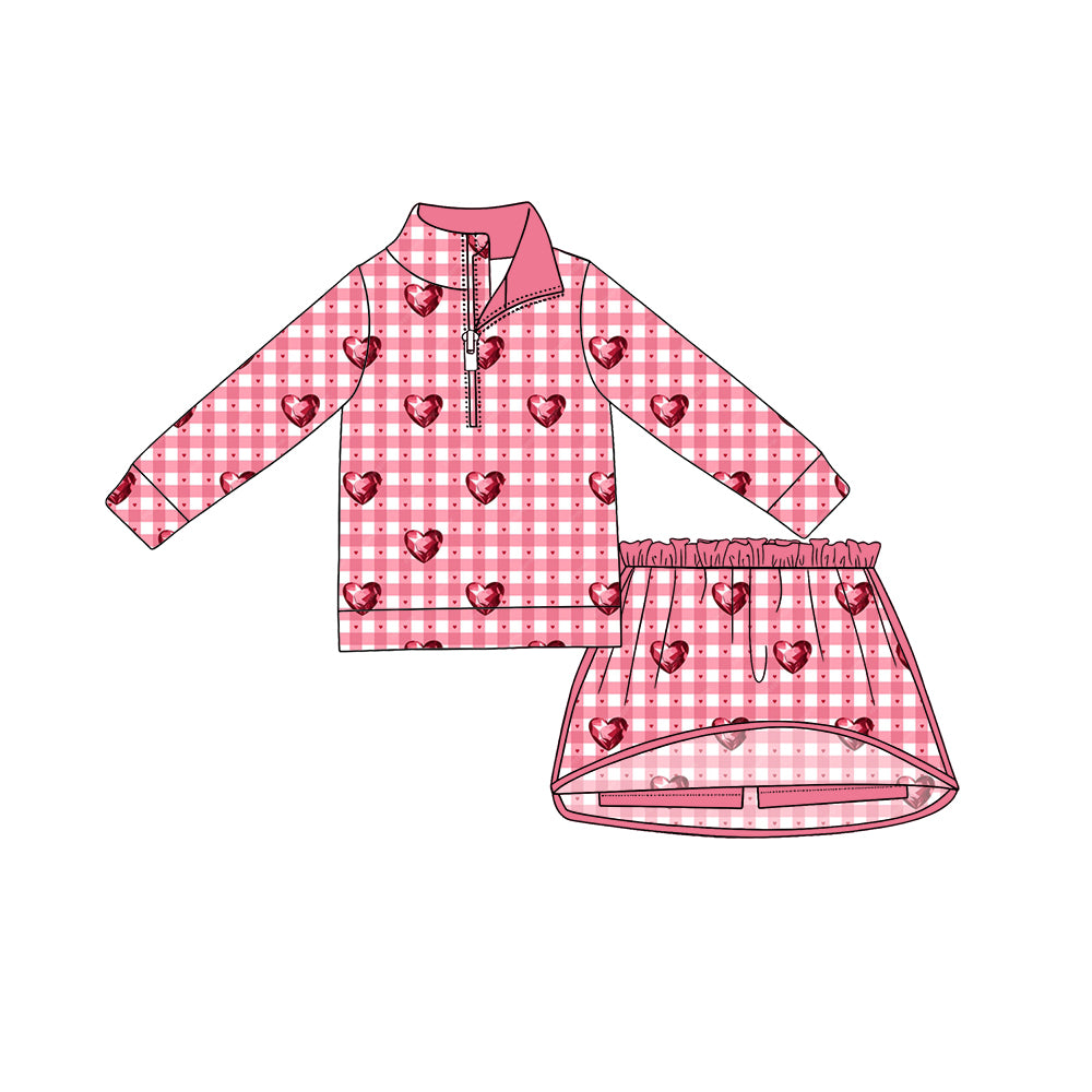 preorder GLD1752 Valentine's Day Heart Checkered Zipper Long Sleeve Skorts Girls Set