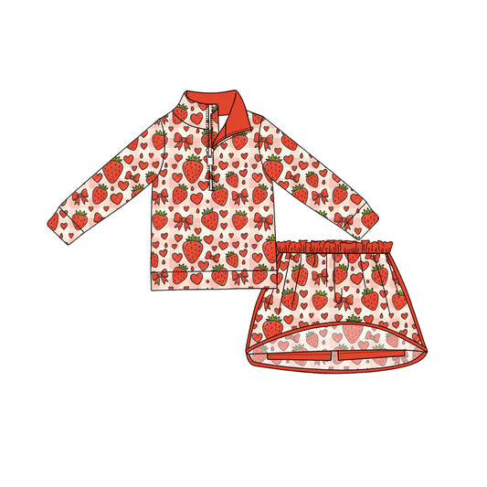 preorder GLD1754 Valentine's Day Strawberry Bows Zipper Long Sleeve Skorts Girls Set