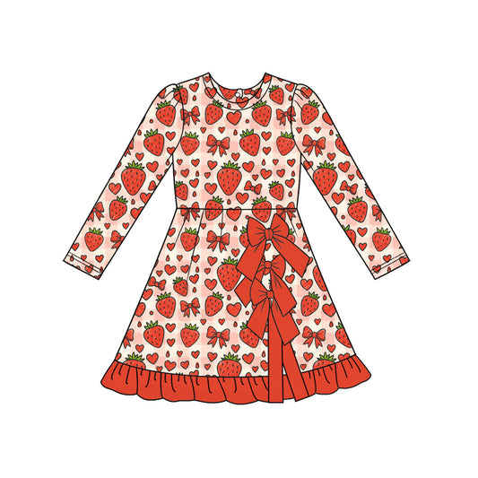 preorder GLD1755 Valentine's Day Strawberry Bows Long Sleeve Girls Dress