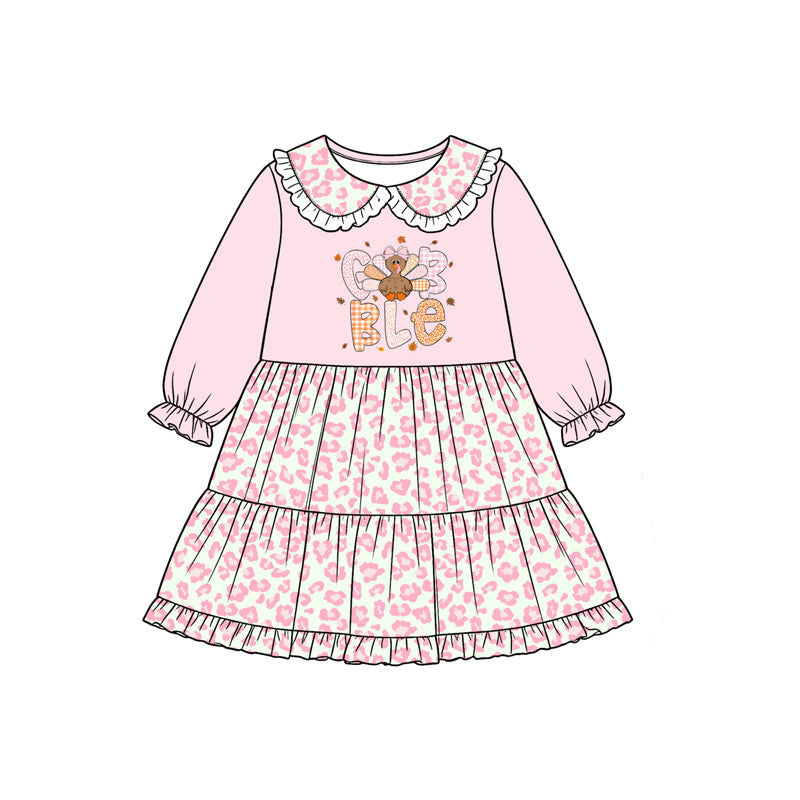 preorder GLD1756 Thanksgiving Turkey Pink Long Sleeve Girls Dress