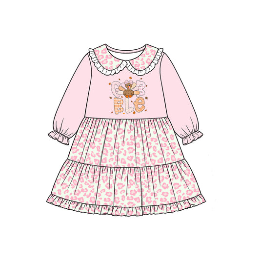 preorder GLD1756 Thanksgiving Turkey Pink Long Sleeve Girls Dress