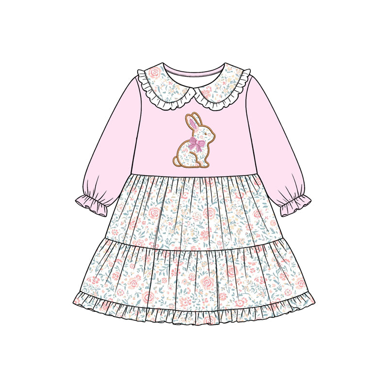 preorder GLD1759 Bunny Rabbit Flowers Pink Long Sleeve Girls Dress