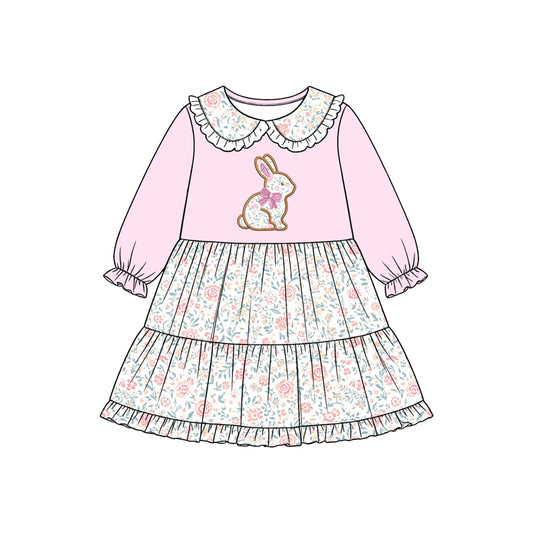 preorder GLD1759 Bunny Rabbit Flowers Pink Long Sleeve Girls Dress