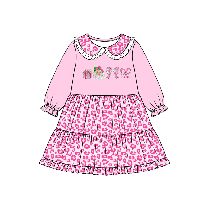 preorder GLD1760 Christmas Santa Bows Leopard Long Sleeve Girls Dress
