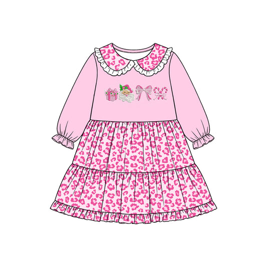 preorder GLD1760 Christmas Santa Bows Leopard Long Sleeve Girls Dress