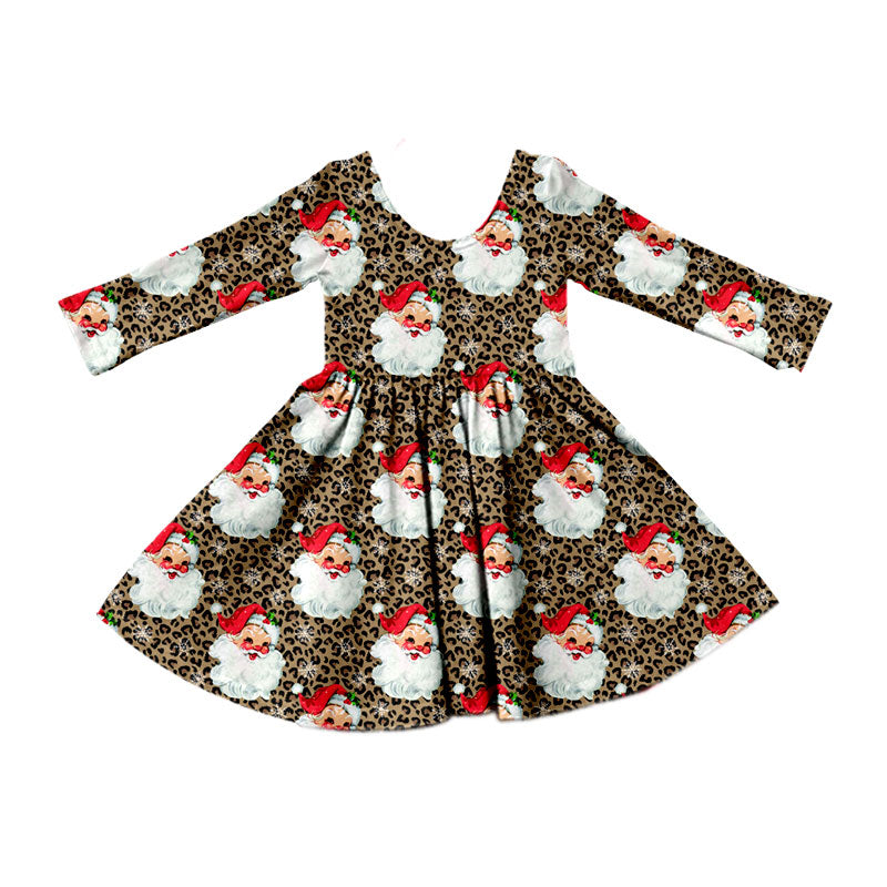 preorder GLD1761 Christmas Santa Leoaprd Long Sleeve Girls Dress