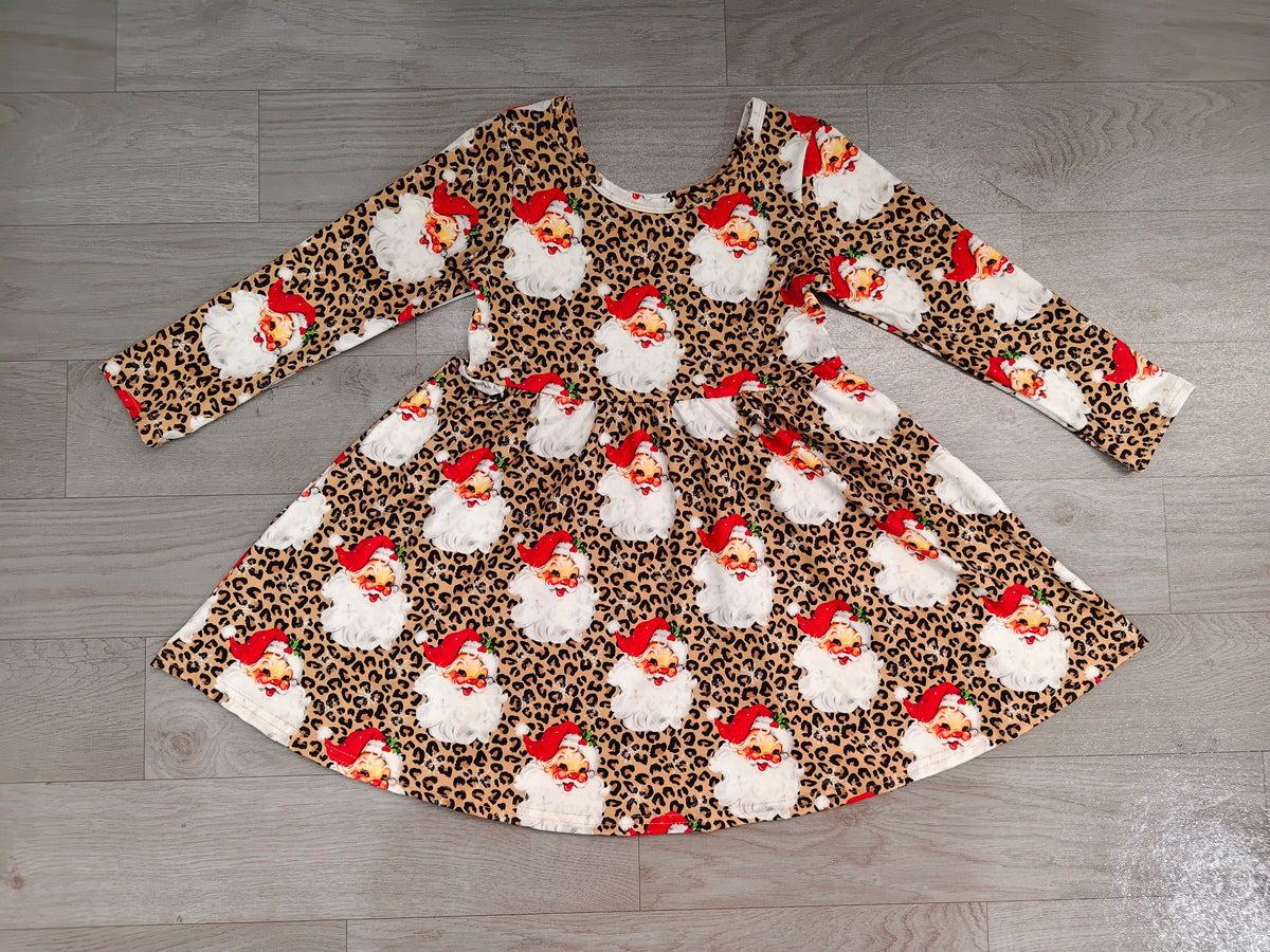 preorder Samples GLD1761 Christmas Santa Leoaprd Long Sleeve Girls Dress