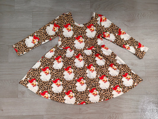 preorder Samples GLD1761 Christmas Santa Leoaprd Long Sleeve Girls Dress
