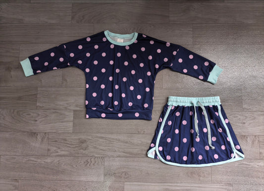 preorder Samples GLD1762 Pink Dot Navy Blue Long Sleeve Shorts Girls Set