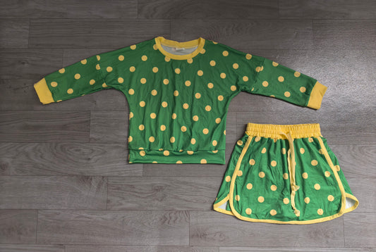 preorder Samples GLD1764 Yellow Dot Green Long Sleeve Shorts Girls Set