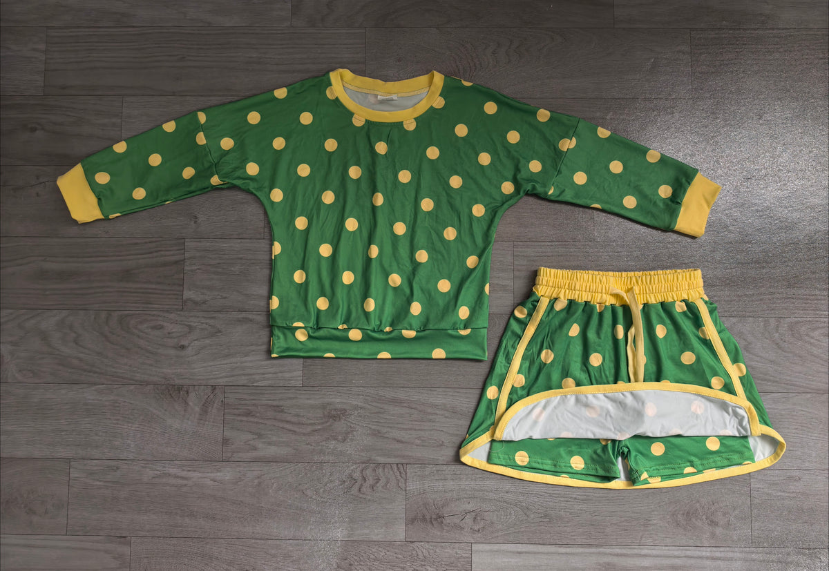 preorder Samples GLD1764 Yellow Dot Green Long Sleeve Shorts Girls Set