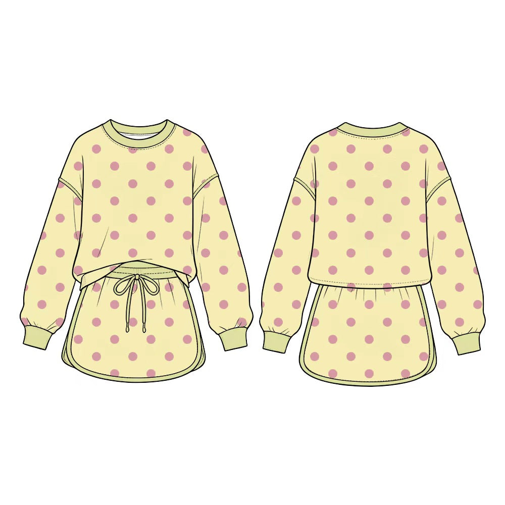 preorder GLD1765 Pink Dot Yellow Long Sleeve Shorts Girls Set