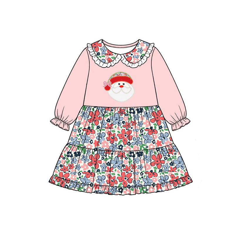 preorder GLD1767 Christmas Santa Flowers Pink Long Sleeve Girls Dress