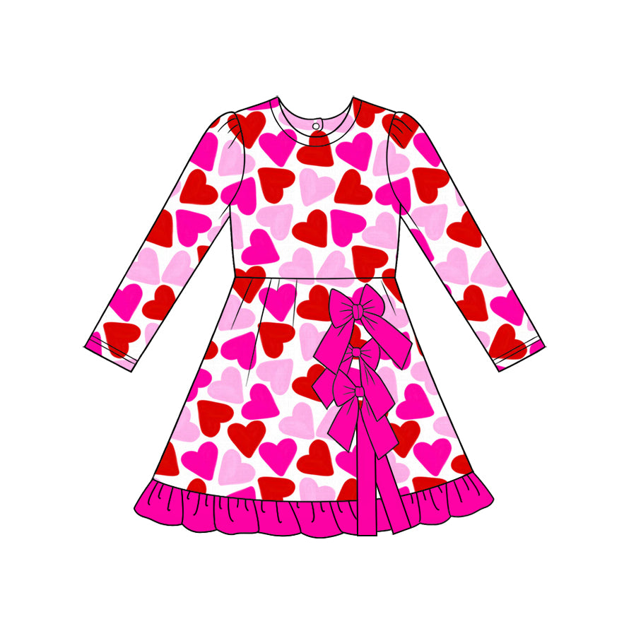 preorder GLD1775 Yoga Valentine's Day Hot Pink Heart Long Sleeve Girls Dress