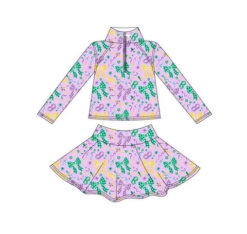 preorder GLD1792 Yoga Mardi Gras Bows Purple Zipper Long Sleeve Skorts Girls Set