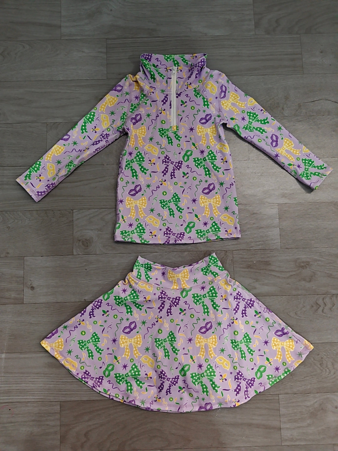 preorder Samples GLD1792 Yoga Mardi Gras Bows Purple Zipper Long Sleeve Skorts Girls Set