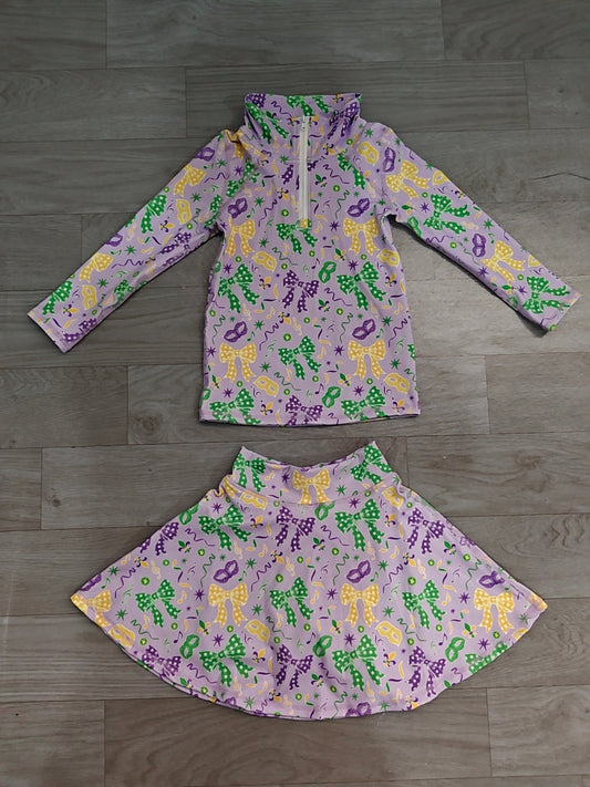 preorder Samples GLD1792 Yoga Mardi Gras Bows Purple Zipper Long Sleeve Skorts Girls Set