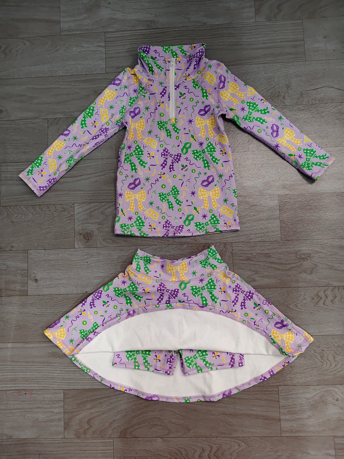 preorder Samples GLD1792 Yoga Mardi Gras Bows Purple Zipper Long Sleeve Skorts Girls Set