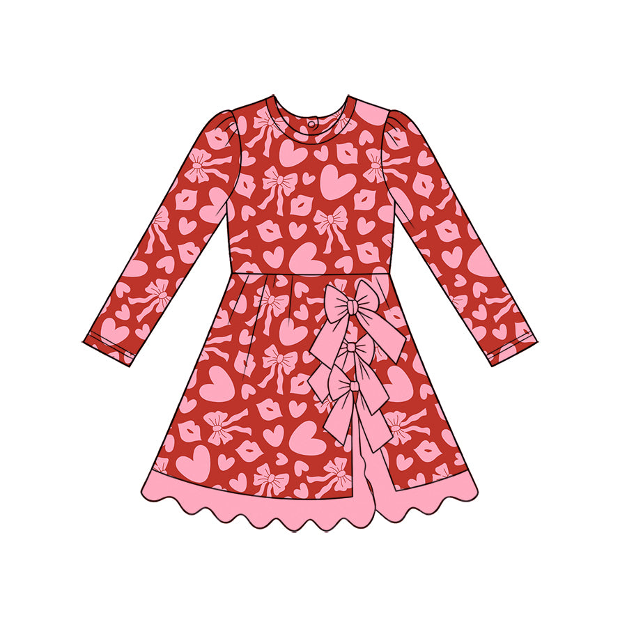 preorder GLD1793 Valentine's Day Heart Bows Long Sleeve Girls Dress