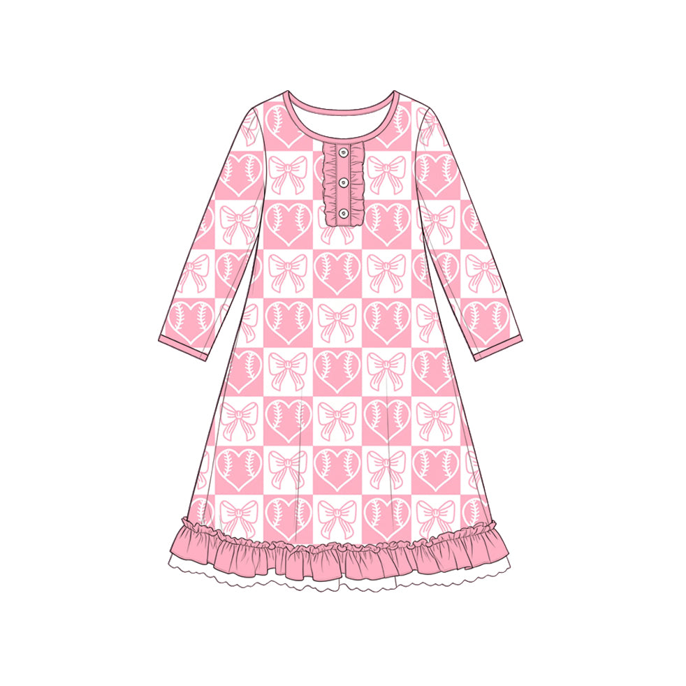 preorder GLD1795 Valentine's Day Baseball Heart Bows Pink Long Sleeve Girls Dress