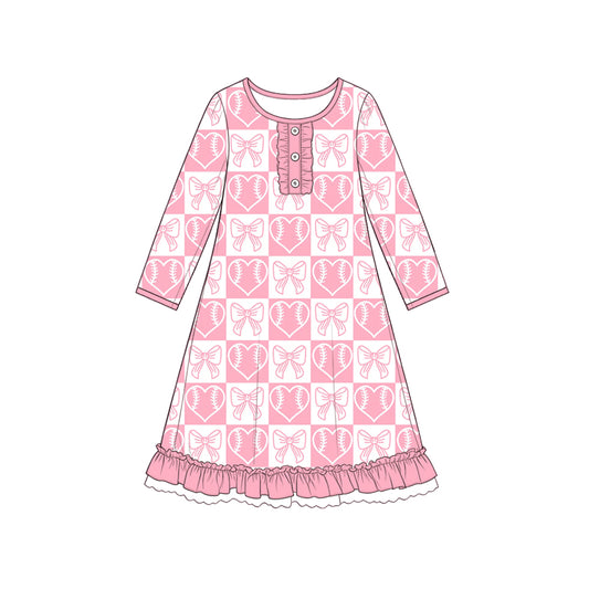 preorder GLD1795 Valentine's Day Baseball Heart Bows Pink Long Sleeve Girls Dress