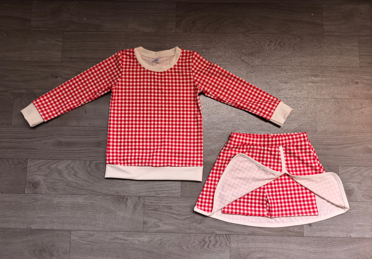 preorder Samples GLD1797 Yoga Red Checkered Long Sleeve Skorts Girls Set