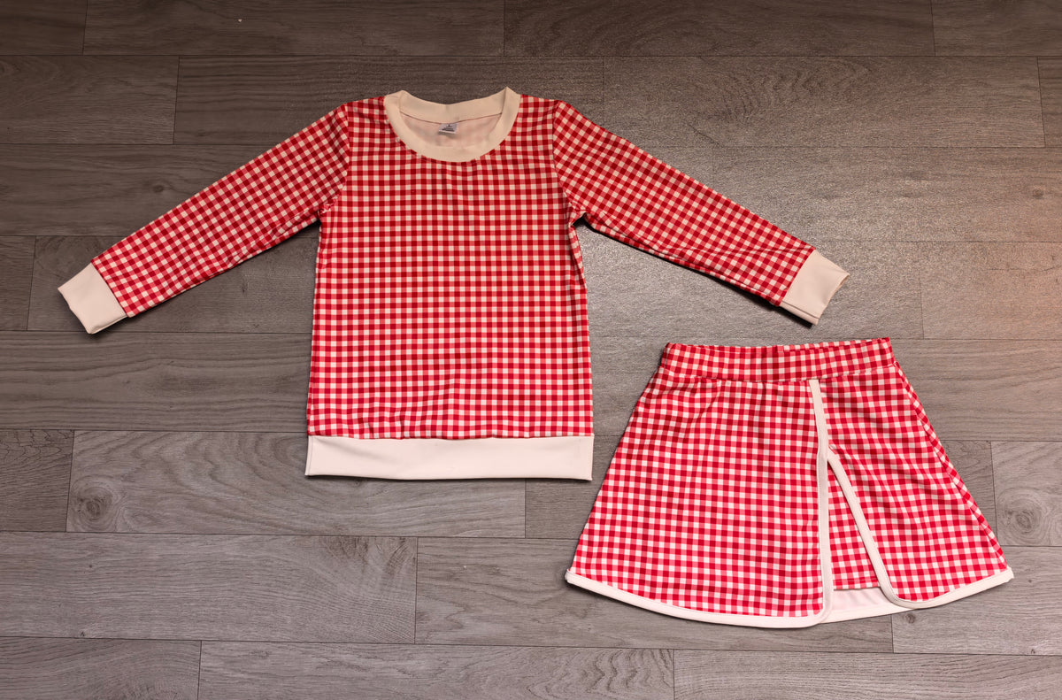 preorder Samples GLD1797 Yoga Red Checkered Long Sleeve Skorts Girls Set